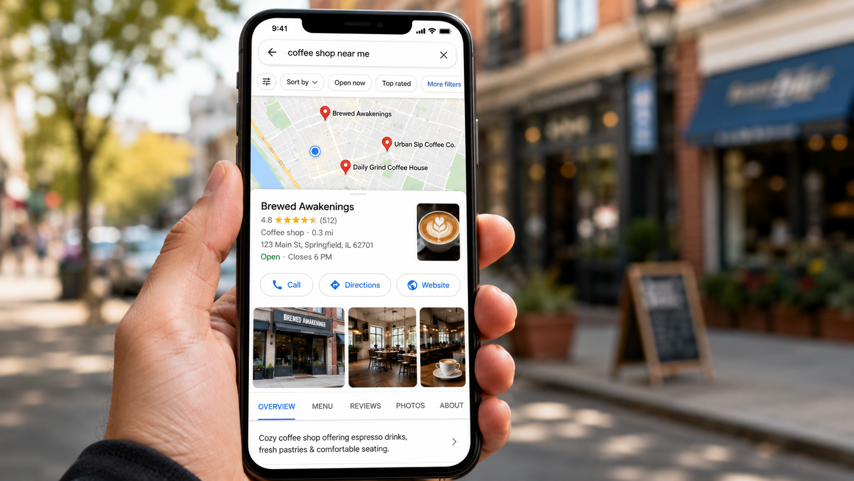 Mockup of a Google Business Profile displayed on a smartphone, showing how customers discover local businesses through Google Search and Maps.