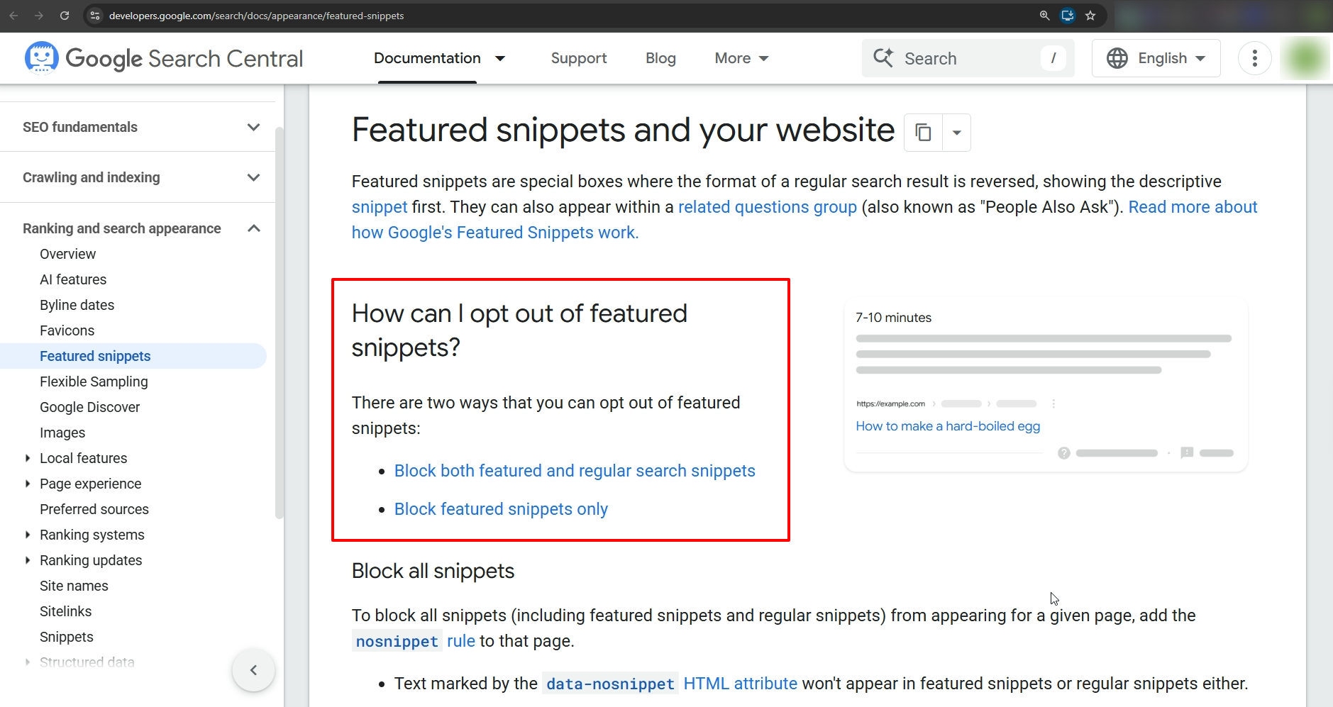 Google Search Central screenshot showing options for opting out of featured snippets and regular search snippets.