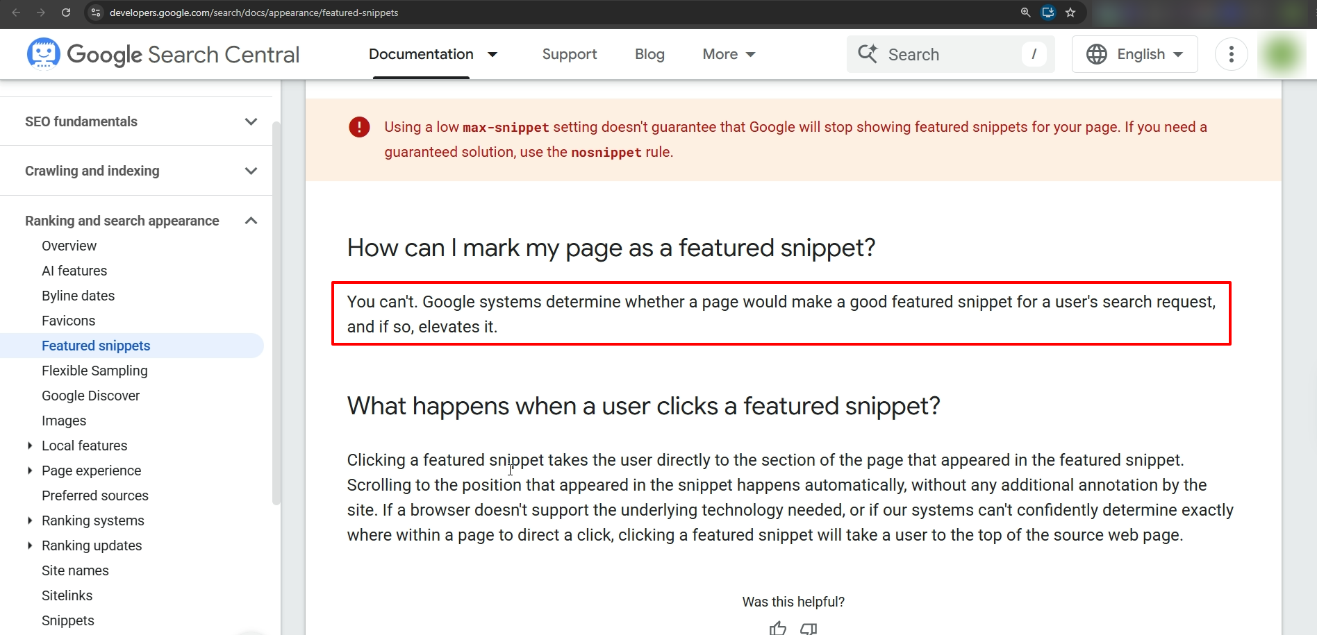 Google Search Central screenshot explaining that featured snippets are selected automatically and cannot be manually enabled for a page.