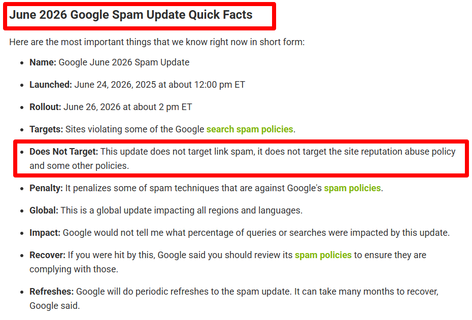 Google June 2026 Spam Update quick facts showing that the update did not target link spam.