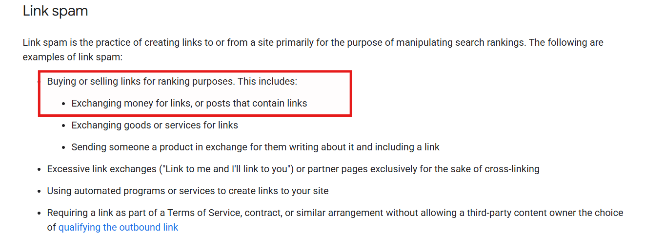 Google Search documentation showing that paid or exchanged links intended to manipulate rankings are considered link spam.