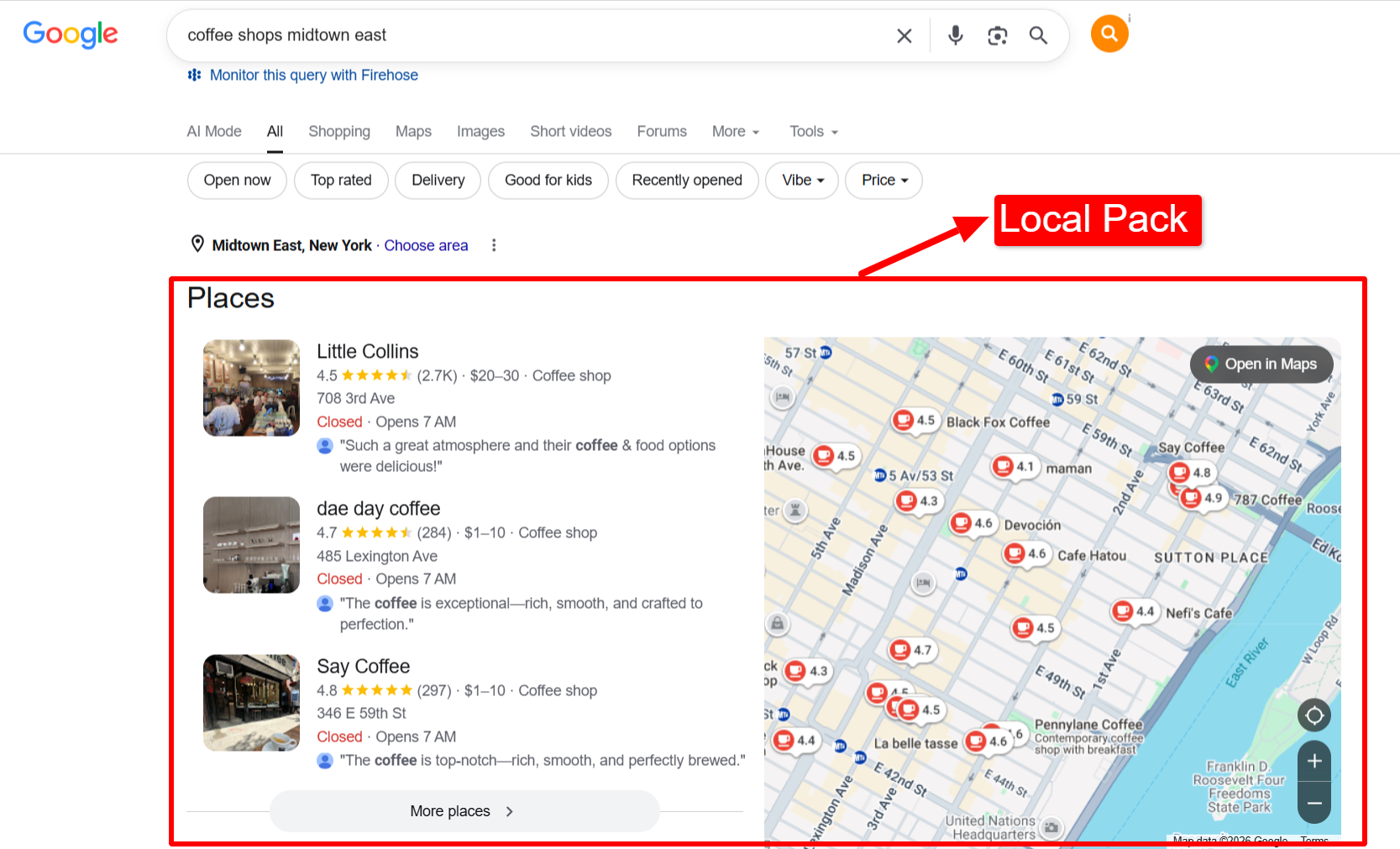Screenshot of Google's Local Pack displaying three local business listings above the organic search results for a nearby search.