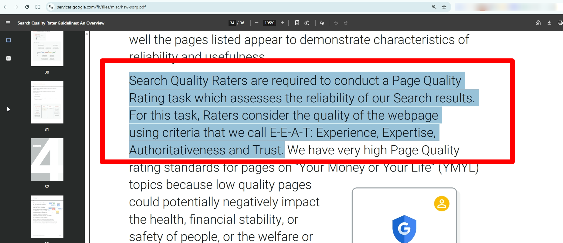 Screenshot of Google's Search Quality Rater Guidelines explaining how E-E-A-T is used to evaluate content quality.