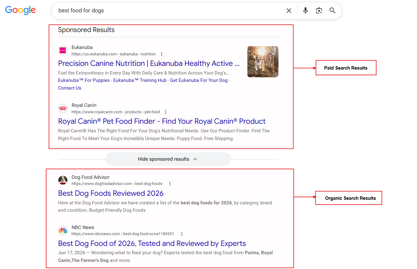 Google search results showing sponsored ads for dog food, with paid search results highlighted.