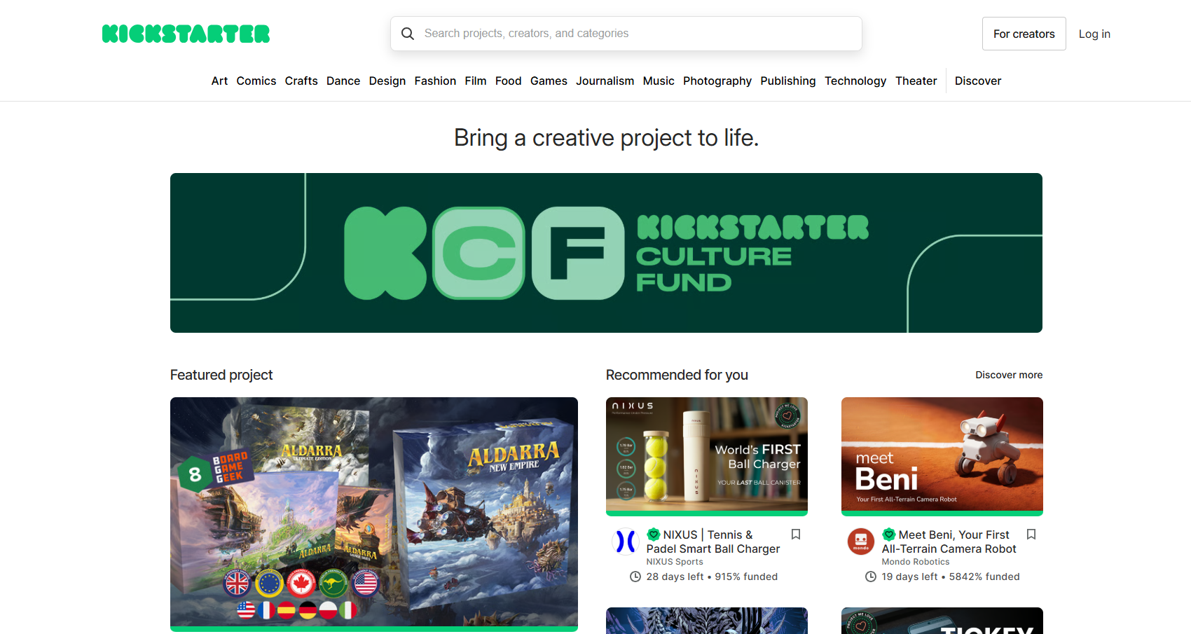 Kickstarter campaign page showing featured projects and recommendations for backers.