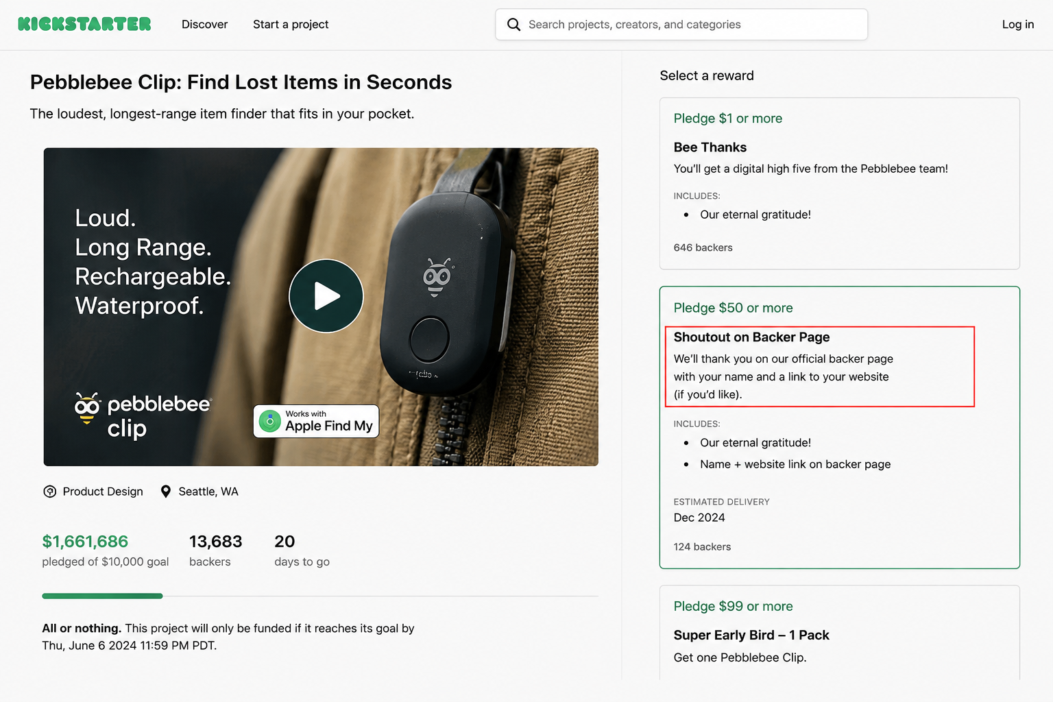 Kickstarter campaign page showing a funded product campaign with backer and reward information.