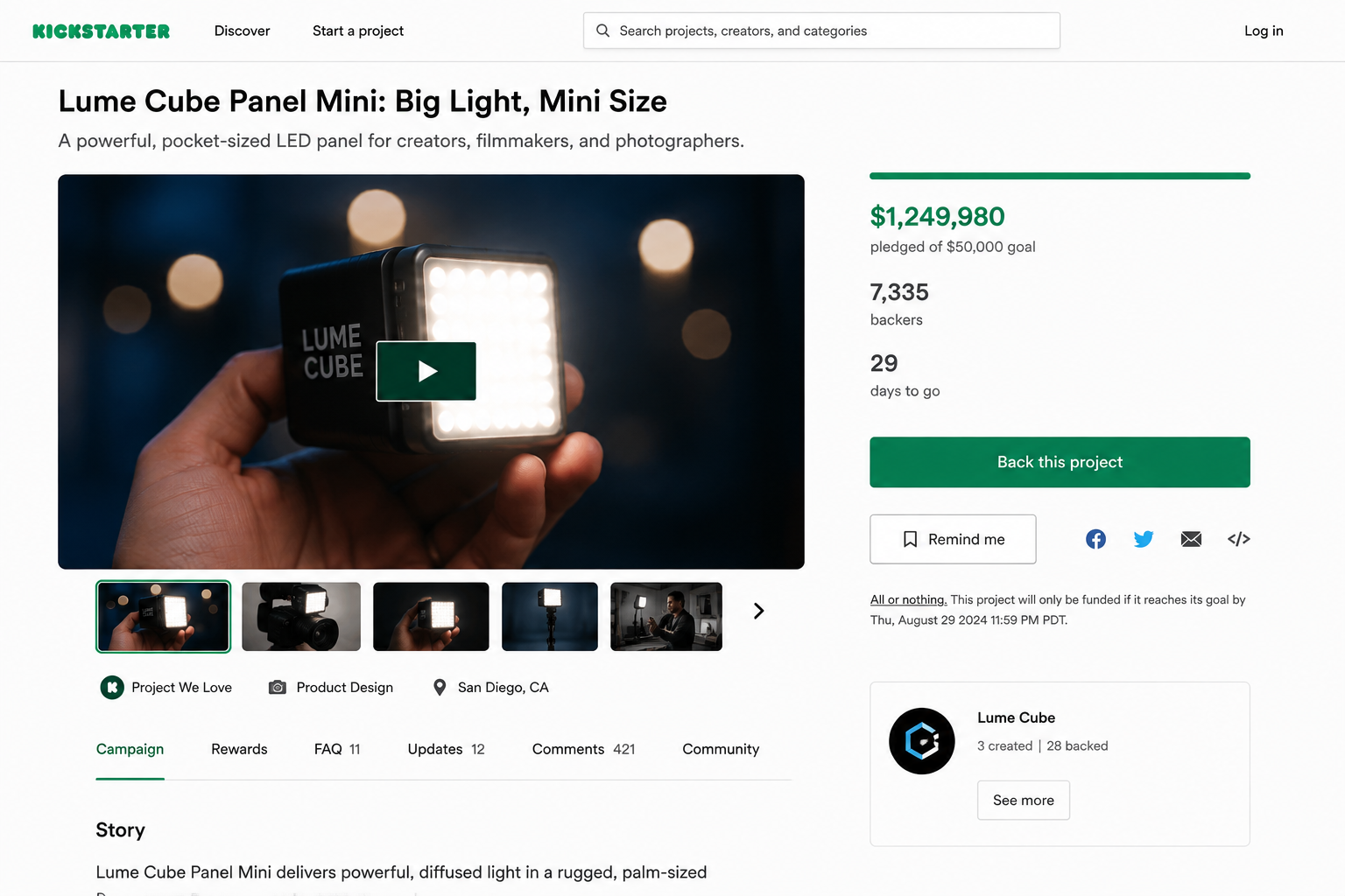 Kickstarter campaign page showing a live product campaign with funding progress, backer count, and campaign details.