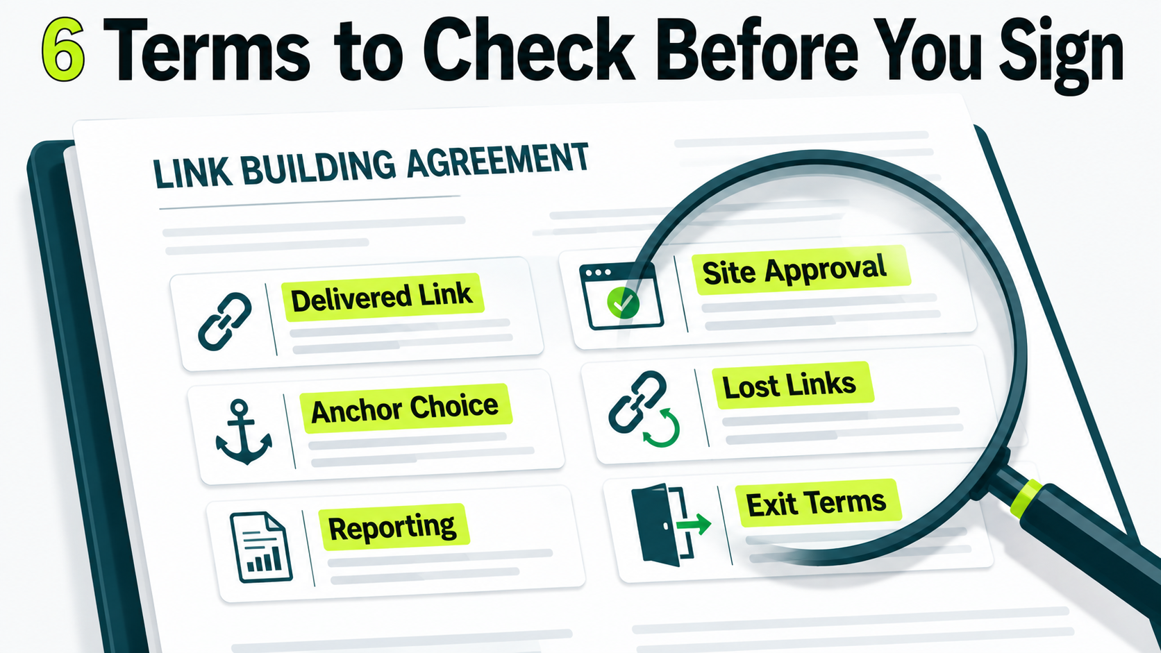 Link building agreement checklist highlighting six proposal terms to review before signing a contract.
