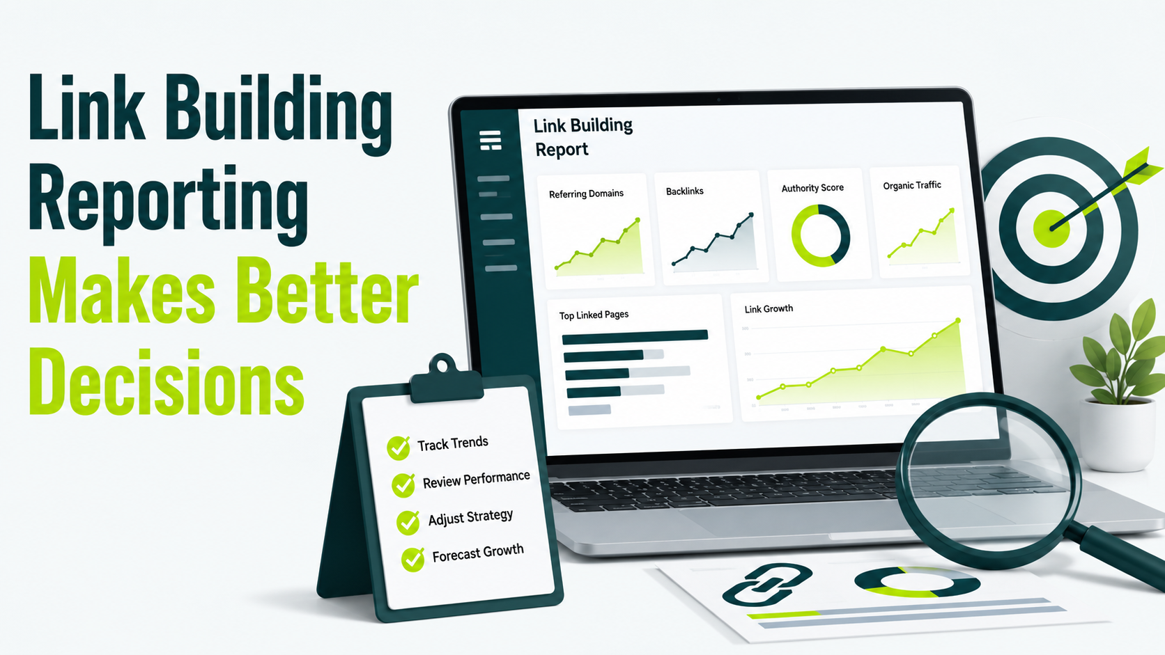 Link building reporting dashboard showing referring domains, backlinks, authority score, organic traffic, link growth, and key actions for making better SEO decisions.