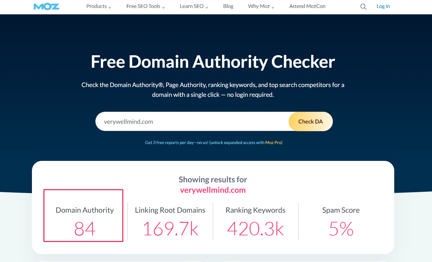Moz Domain Authority checker for Verywell Mind showing a Domain Authority score of 84, 169.7K linking root domains, 420.3K ranking keywords, and a 5% spam score.