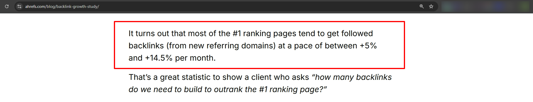 Ahrefs study showing the monthly growth rate of new referring domains for top-ranking pages, highlighting natural backlink growth of about 5% to 14.5% per month.