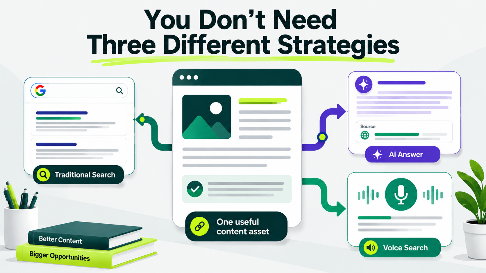 Illustration showing one useful content asset supporting traditional search, AI answers, and voice search without requiring three separate strategies.