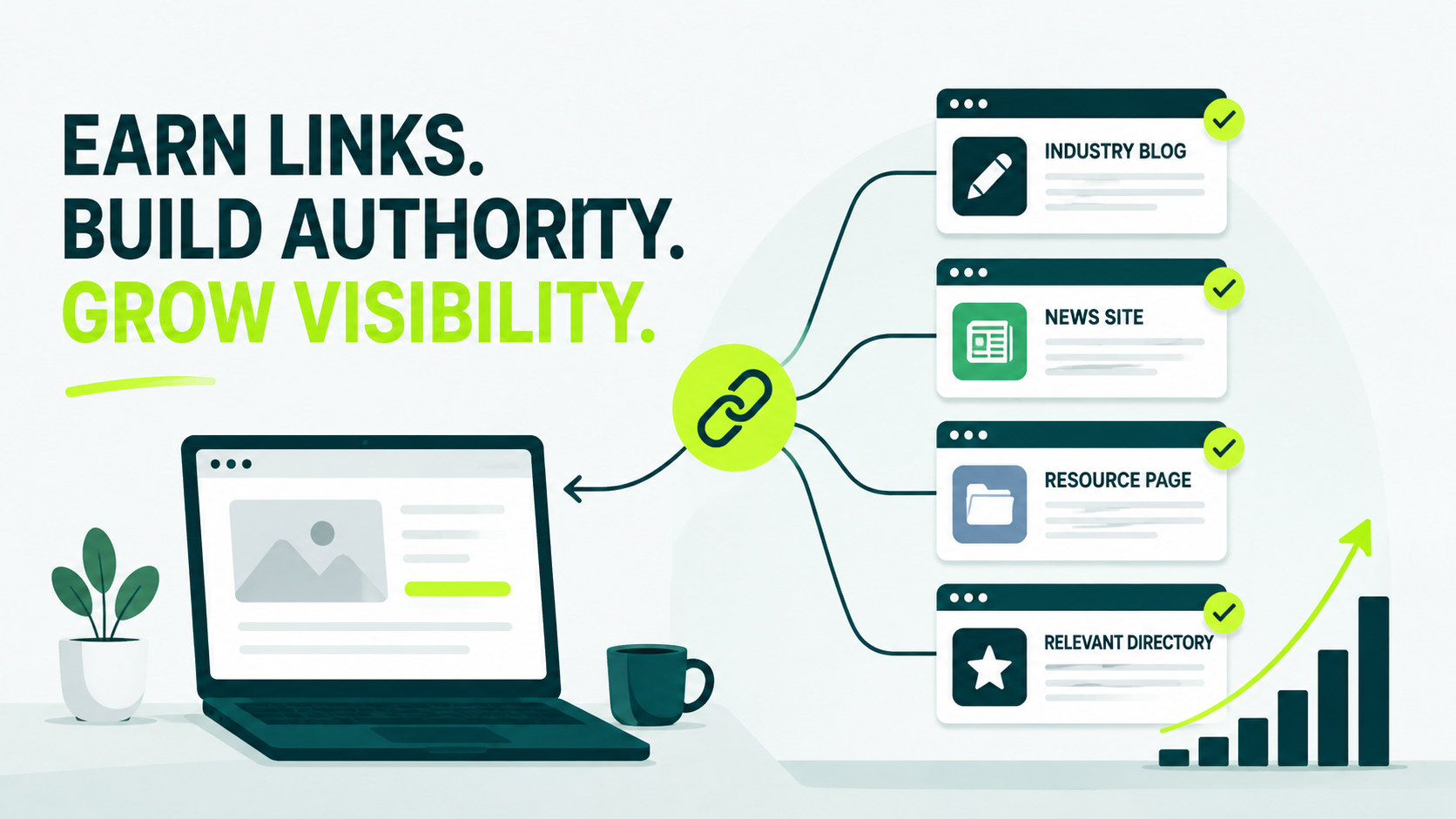 Illustration showing passive link building, with a website content asset earning links from industry blogs, news sites, resource pages, and directories to build authority and visibility.