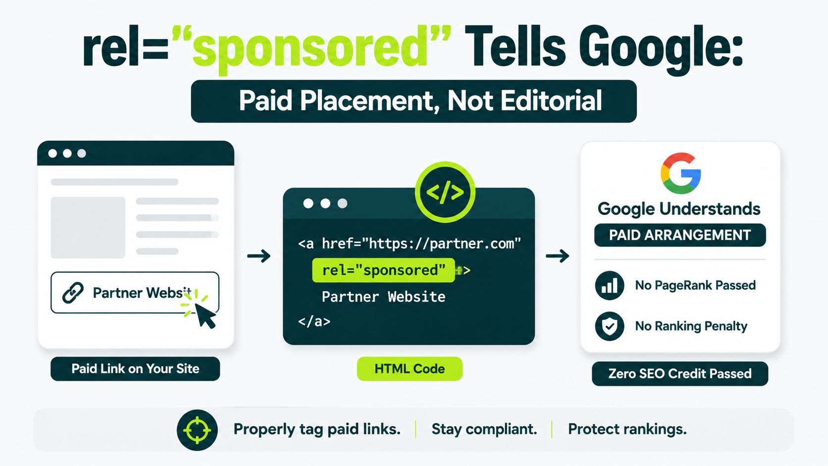 Diagram showing how the rel="sponsored" attribute tells Google a link is a paid placement and passes no SEO ranking credit.