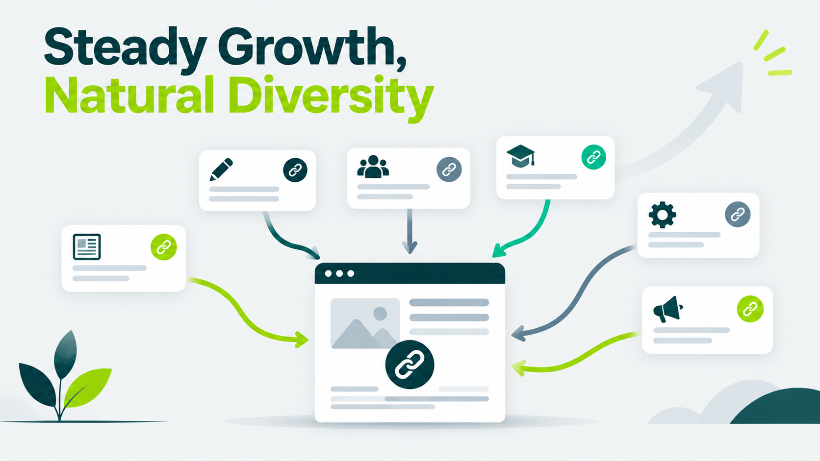 Illustration showing steady backlink growth from varied sources, with multiple link opportunities pointing to a website as the profile naturally diversifies over time.