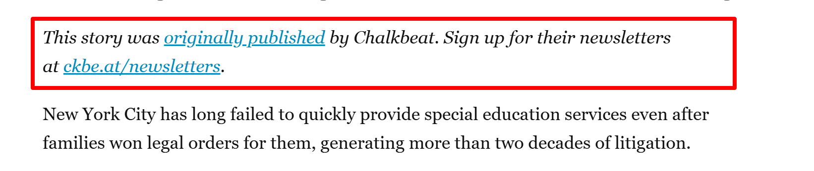 Example of syndicated content showing a partner site crediting the original publisher.
