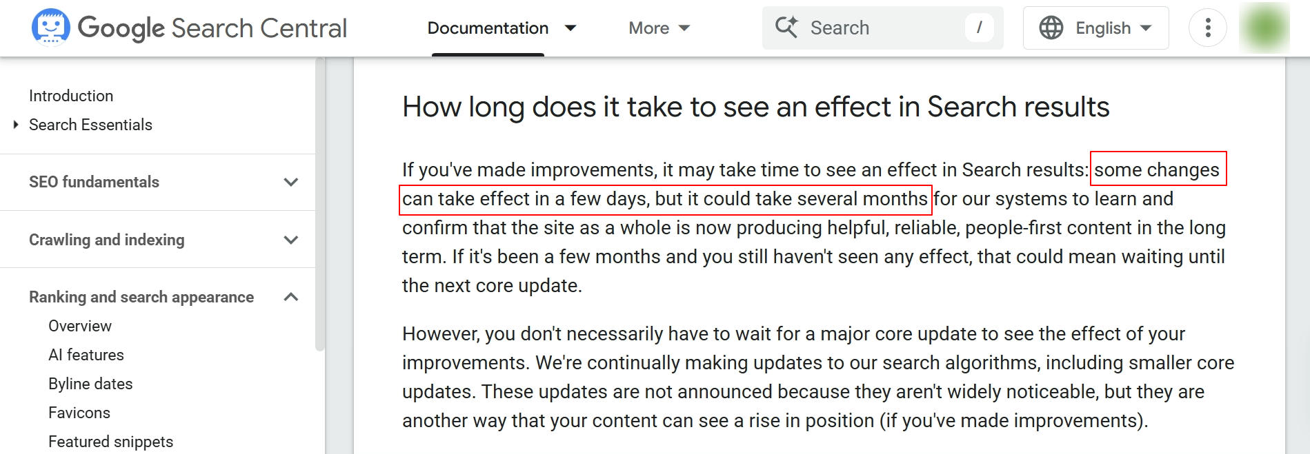 Google Search Central screenshot showing how long does it take to see an effect in search results