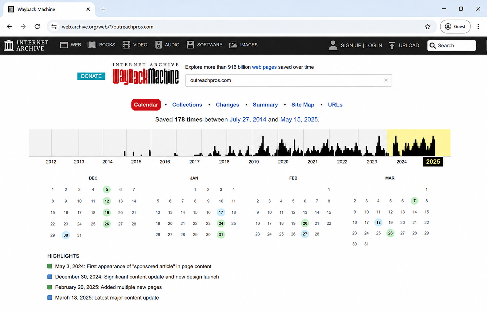Screenshot of the Internet Archive Wayback Machine used to verify a website's domain history before acquiring backlinks.