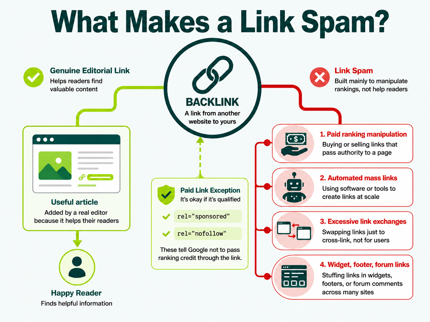 Infographic explaining what makes a backlink spam, contrasting genuine editorial links and properly tagged paid links with manipulative link schemes.