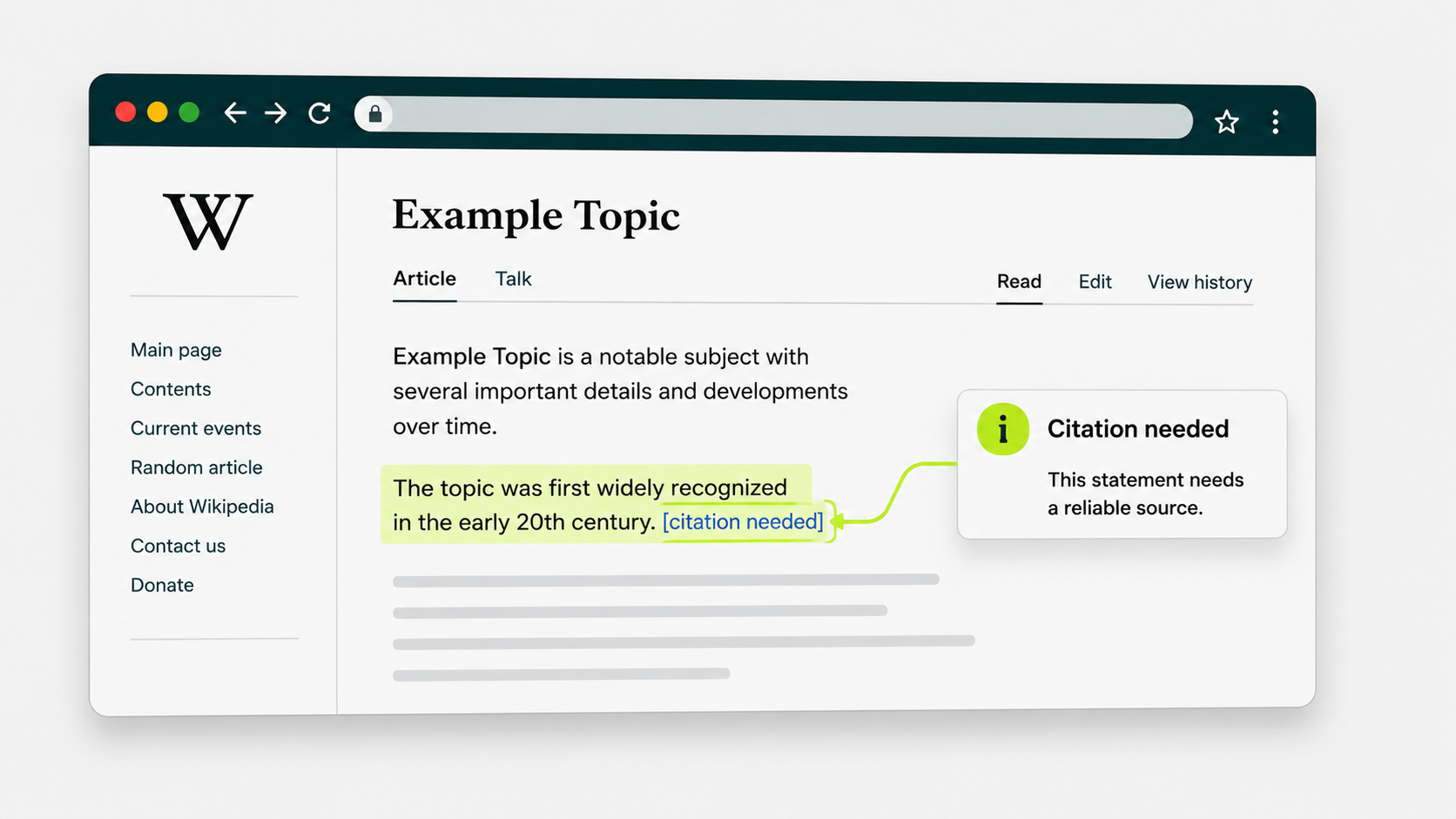 Wikipedia article example highlighting a citation needed tag beside an unsourced statement.