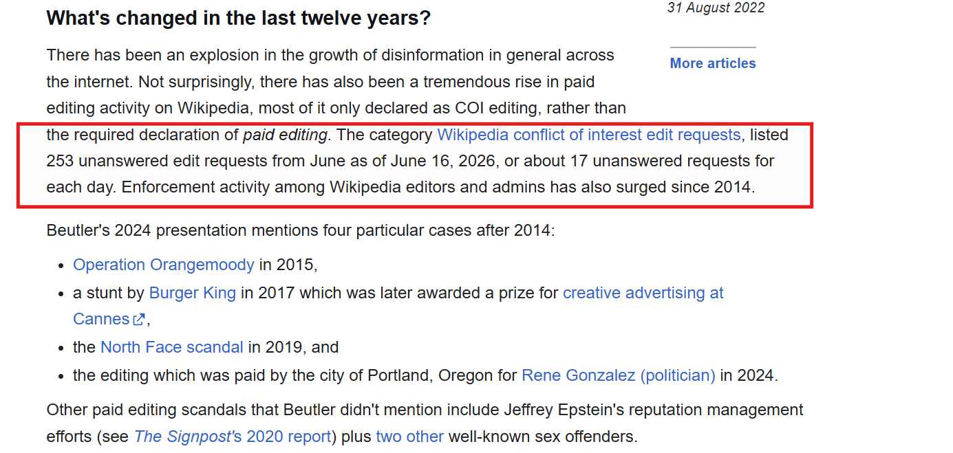 Screenshot of a Wikipedia-related enforcement report highlighting unanswered conflict of interest edit requests and paid editing concerns.