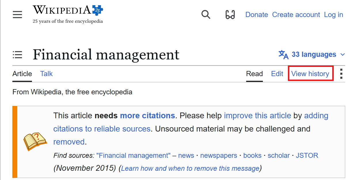 Wikipedia article screenshot showing the View history option used to review edits and check whether a citation remains in the article.