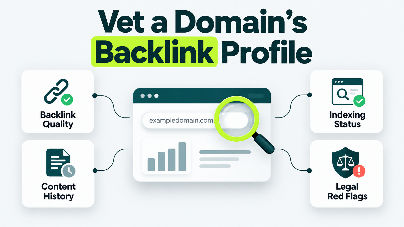 Four checks for vetting an expired domain: backlink quality, content history, indexing status, and legal red flags.