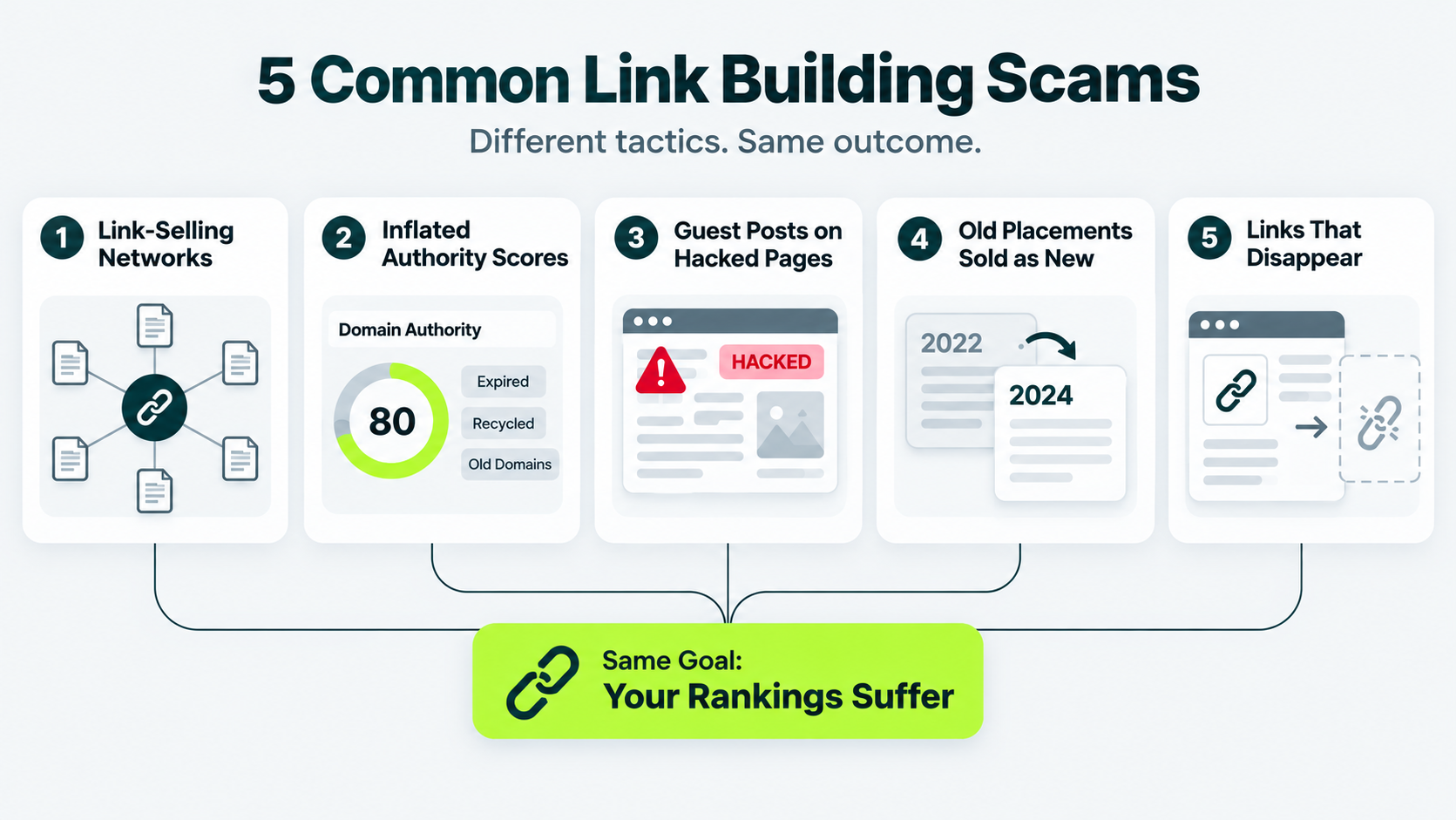 Infographic showing five common link building scams