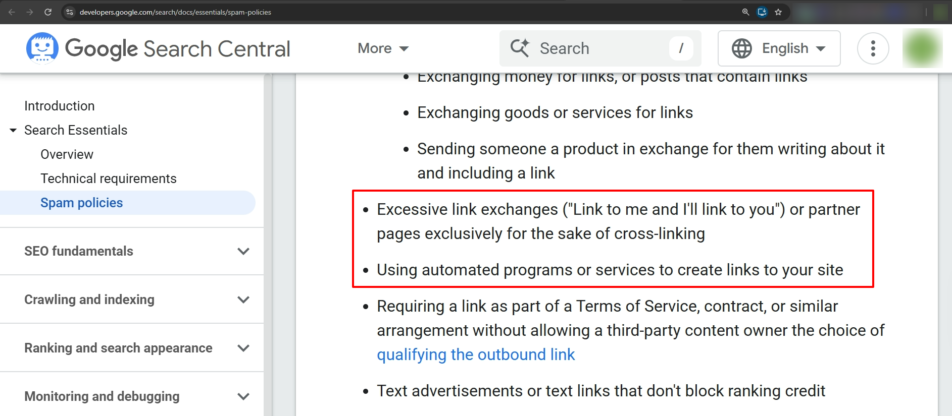 Google Search Central screenshot highlighting excessive link exchanges and automated link creation as spam practices.
