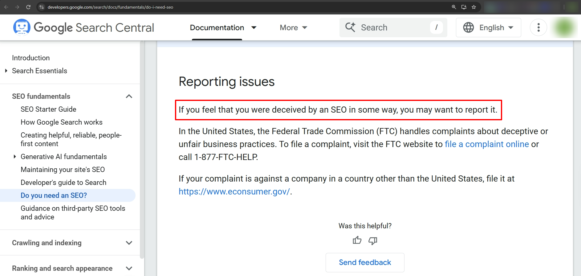 Google Search Central screenshot showing the option to report an SEO provider for deceptive practices.