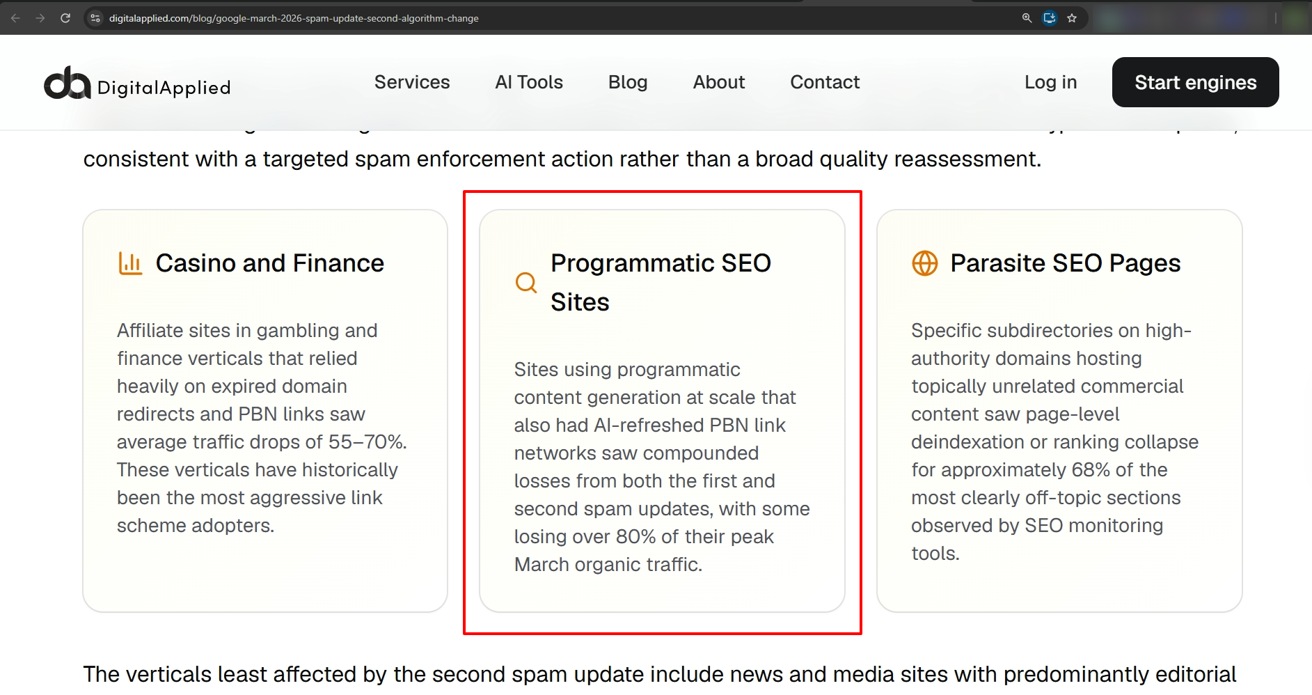 Screenshot showing programmatic SEO sites and other site networks affected by a 2026 spam update analysis.