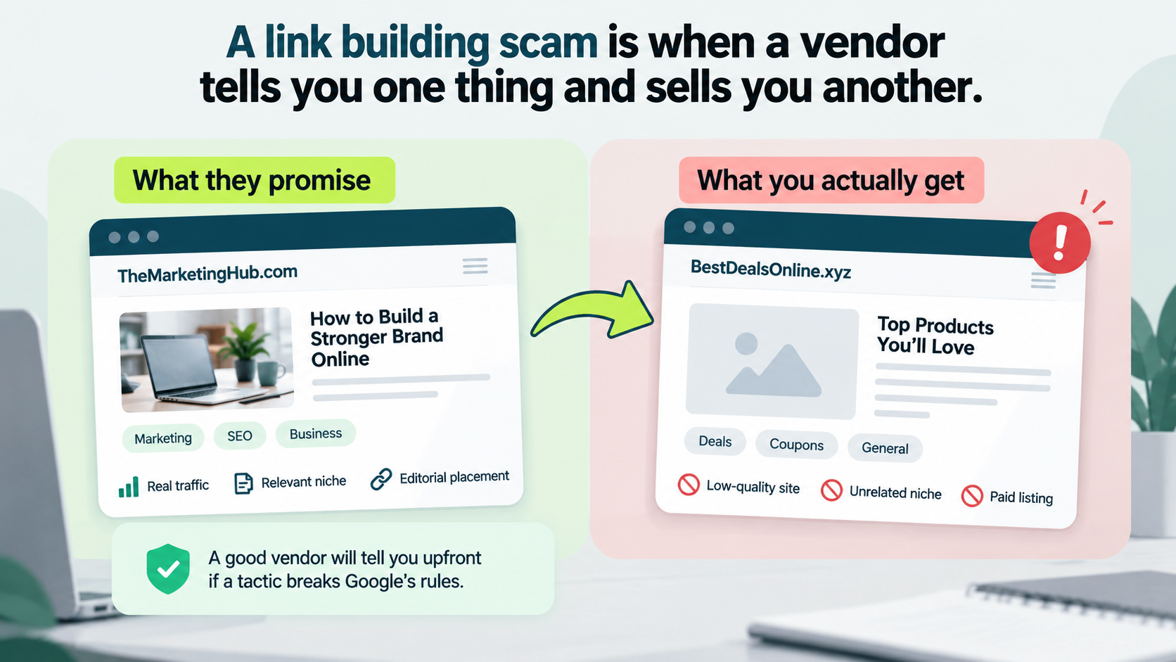 Scam link promise versus low-quality delivery.
