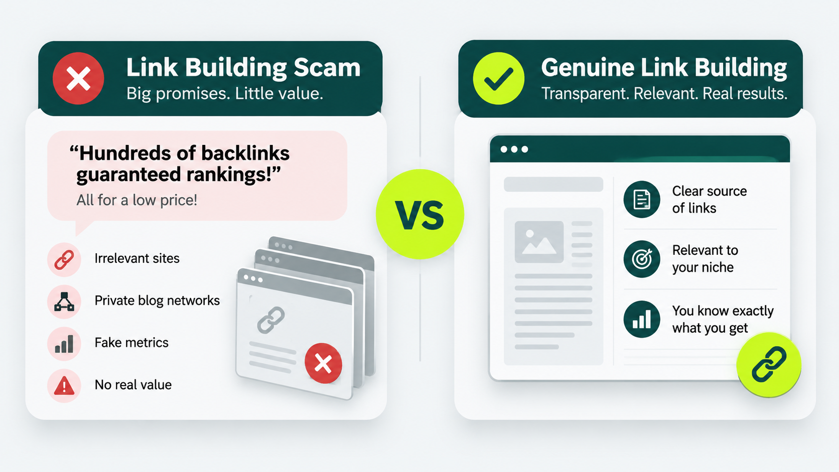 Comparison showing a link building scam versus genuine link building