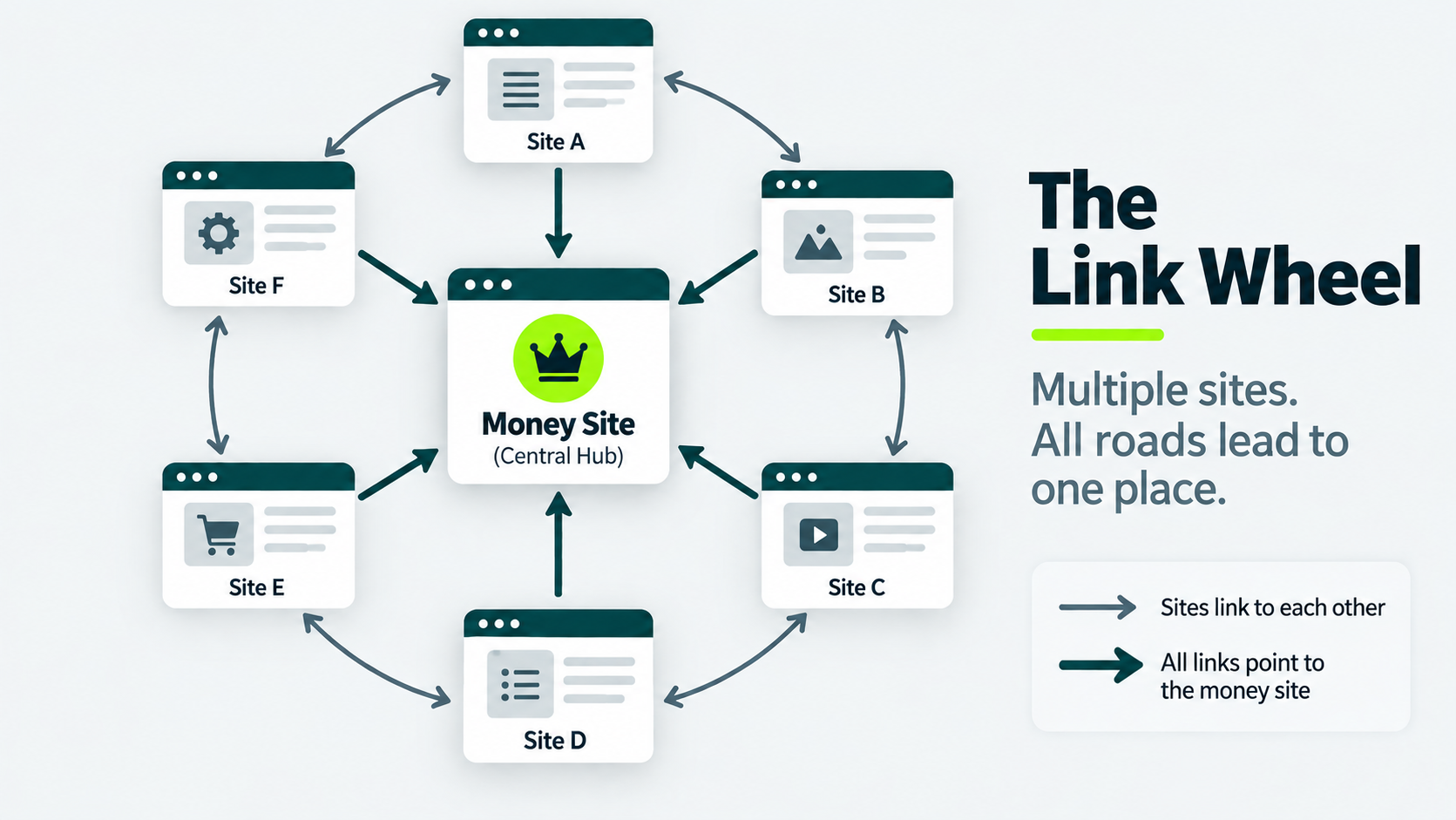 Link wheel diagram showing multiple sites linking to each other and a central money site.