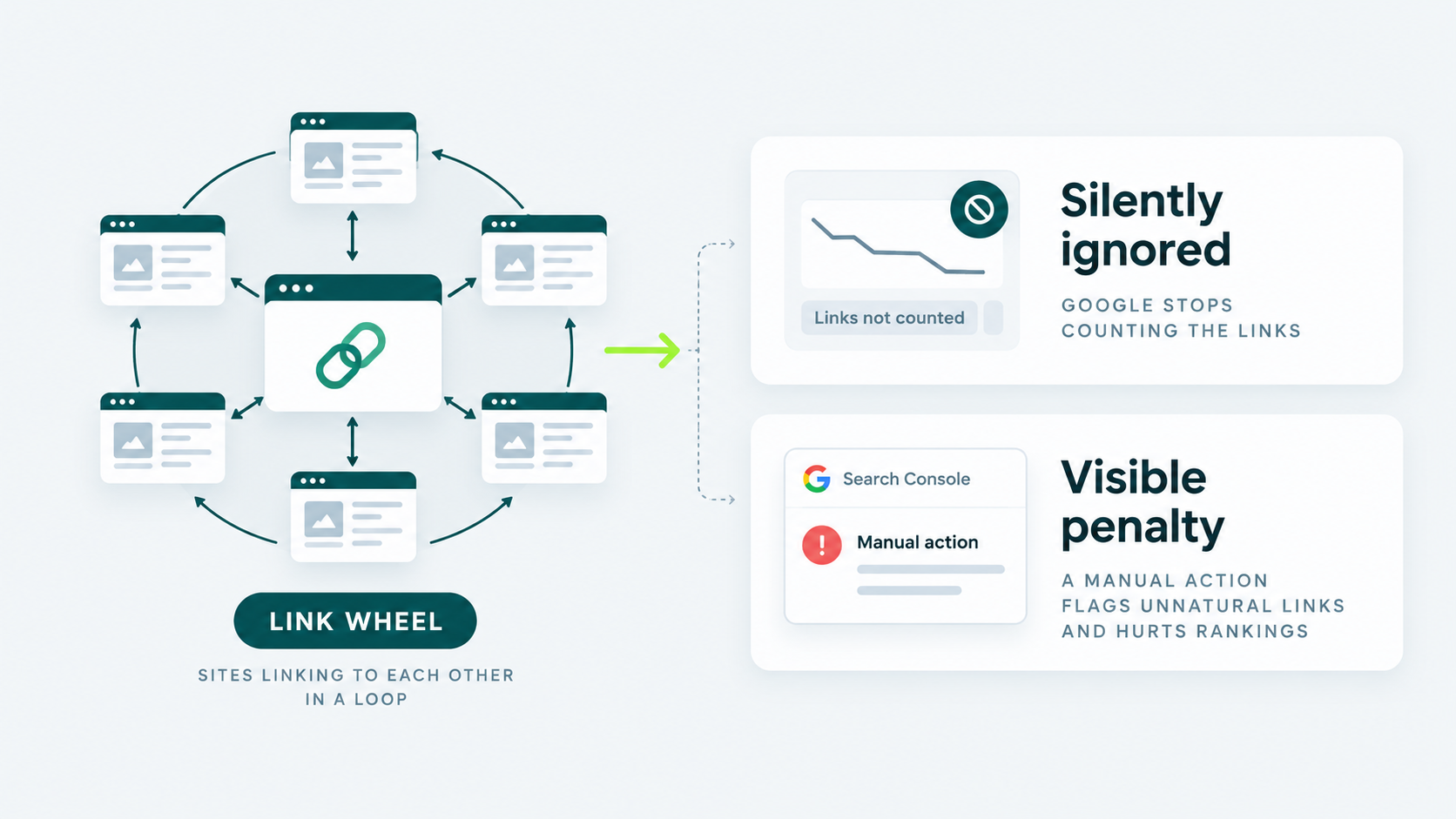 Illustration showing a link wheel leading to silently ignored links or a visible manual action in Google Search Console.