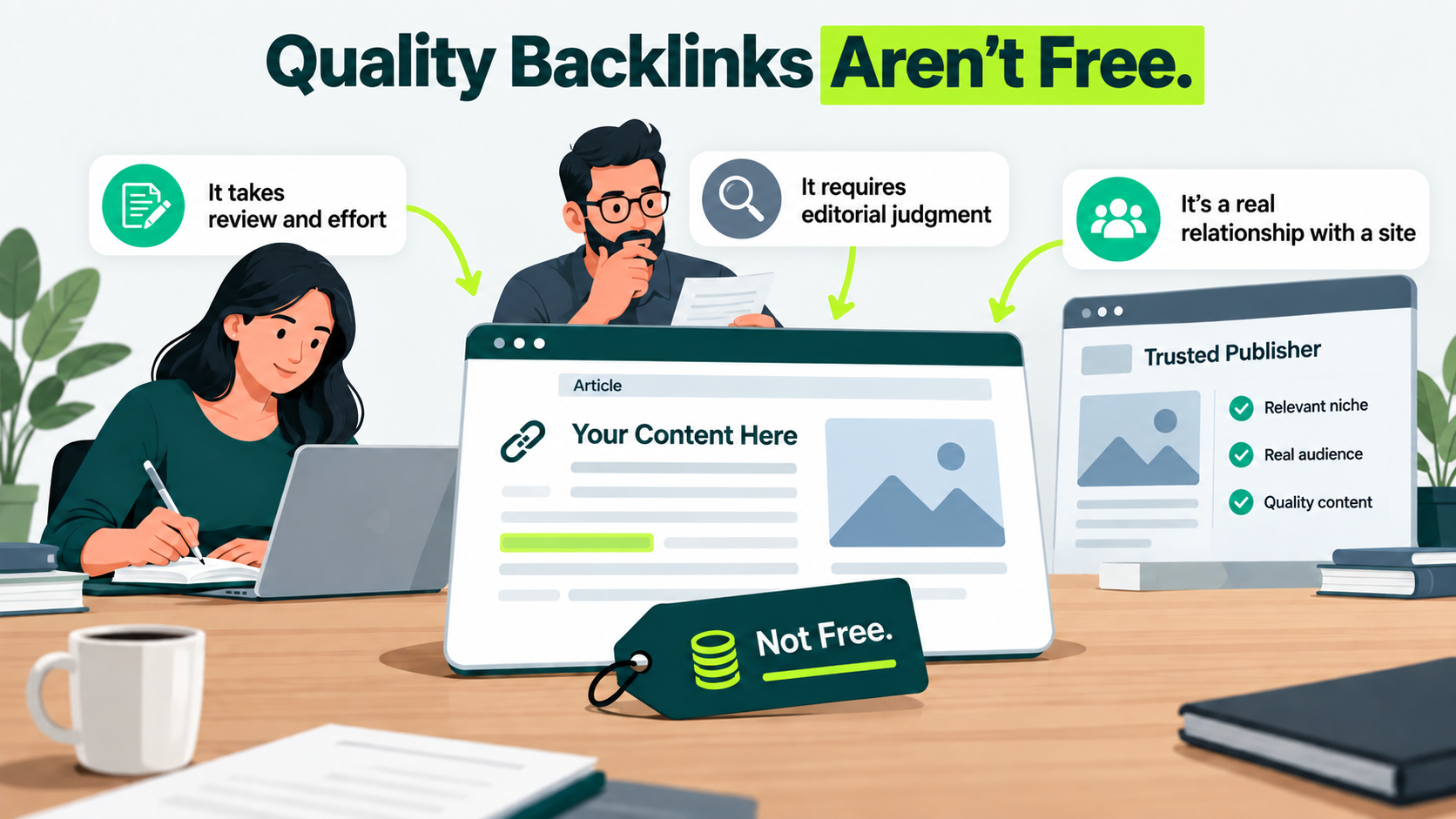 Illustration showing that quality backlinks require content review, editorial judgment, and genuine relationships with publishing sites.