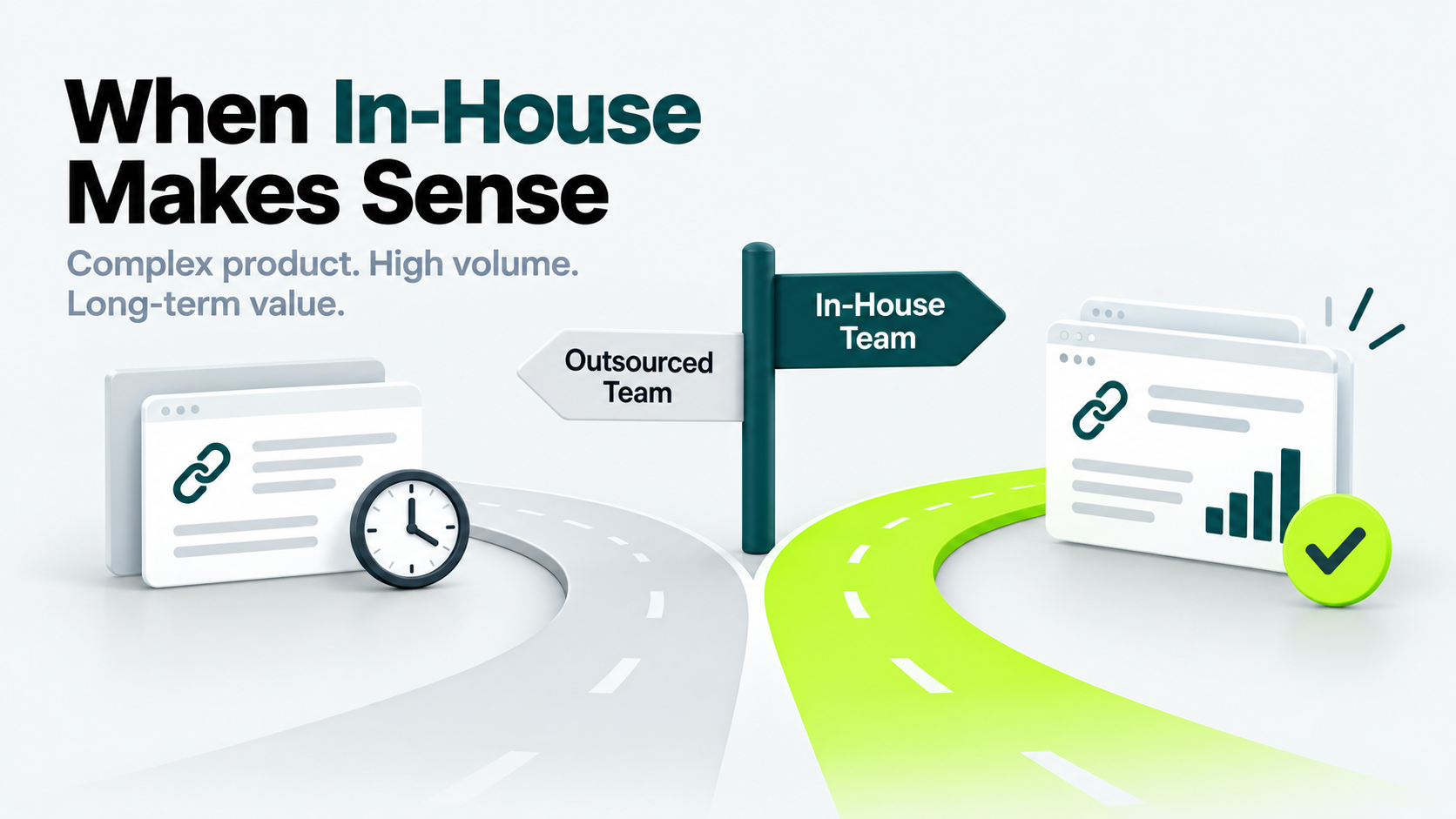 Illustration showing when an in-house link building team makes sense for complex products, high volume, and long-term needs.