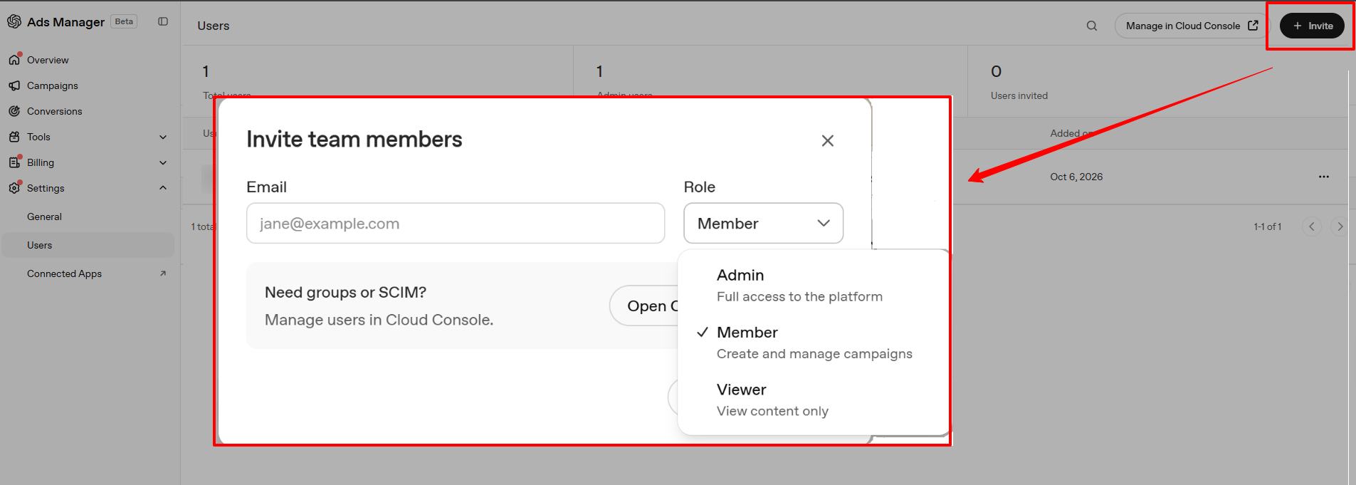 Ads Manager interface showing how to invite team members and assign account roles such as Admin, Member, and Viewer.
