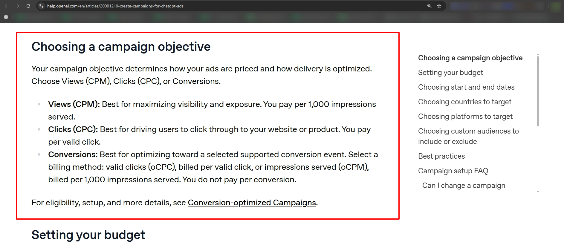 ChatGPT Ads Manager campaign objective settings showing the available options for views, clicks, and conversions.