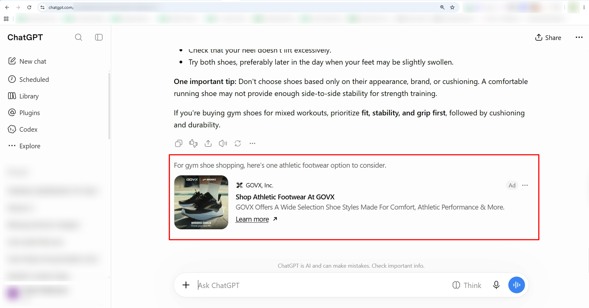 Example of a sponsored ChatGPT ad displayed below an answer about choosing running shoes.
