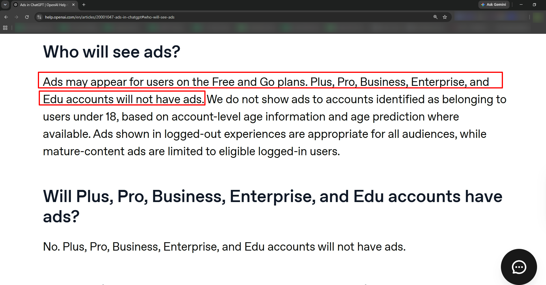 ChatGPT advertising eligibility information showing which subscription plans can see ads and which plans do not display them.